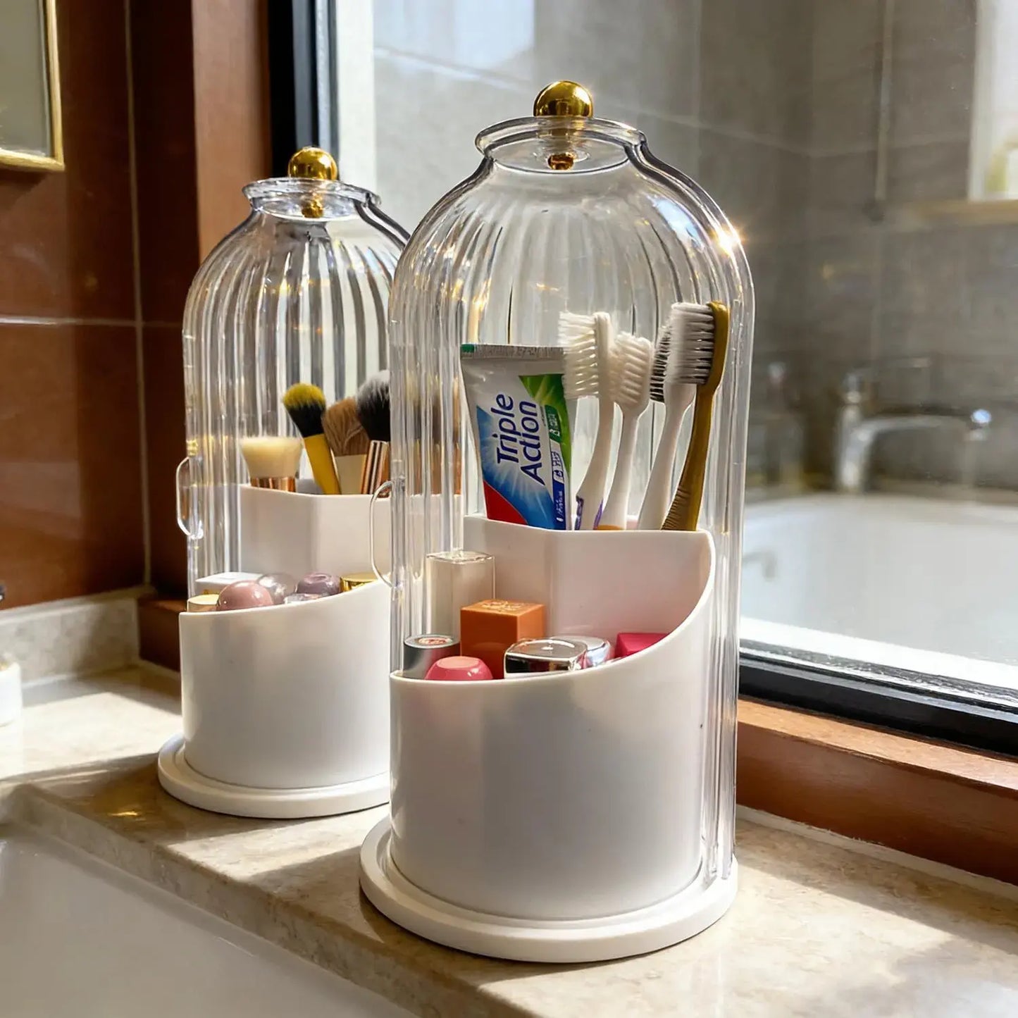 Toothbrush Holders with Sliding Lid, Rotating 3 Slots Bathroom Organizer Countertop, Tooth Brush Toothpaste Holder Bathroom Counter Stand Sink Organizer Caddy for Vanity Makeup Brushes Organizer(Grey/White)
