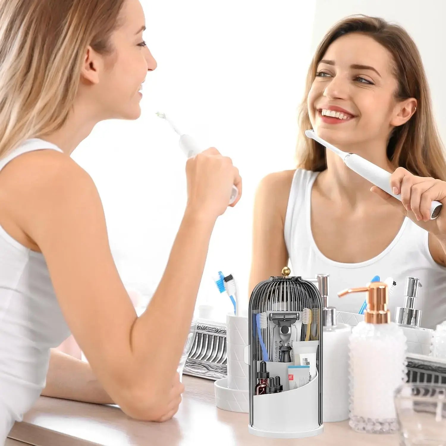 Toothbrush Holders with Sliding Lid, Rotating 3 Slots Bathroom Organizer Countertop, Tooth Brush Toothpaste Holder Bathroom Counter Stand Sink Organizer Caddy for Vanity Makeup Brushes Organizer(Grey/White)