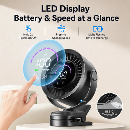 Rechargeable Clip on Fan, 100-Speed Portable Fan with LED Display, USB-C Battery Operated Desk Fan, 360° Rotating for Stroller, Camping, Car Waist Cooling Cool Hill